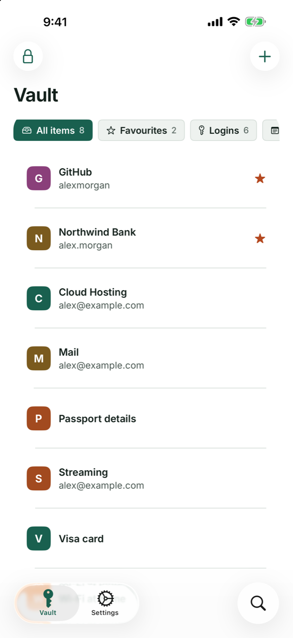 Kestrove on an iPhone: the vault with logins, a bank, a passport and a card.