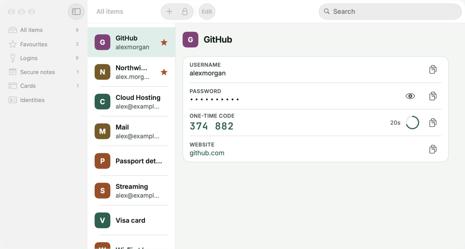 Kestrove on a Mac: a list of logins beside a saved login with its username, hidden password and one-time code.